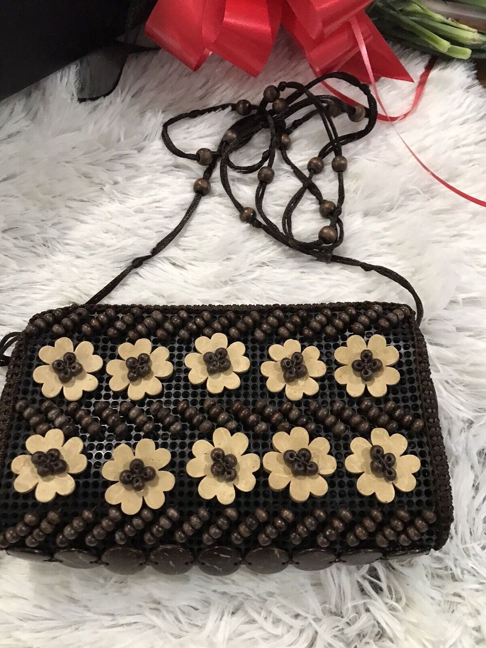 VINTAGE Y2K Robin Ruth Crossbody Handbag Purse Shoulder Bag Wooden Flower Beads